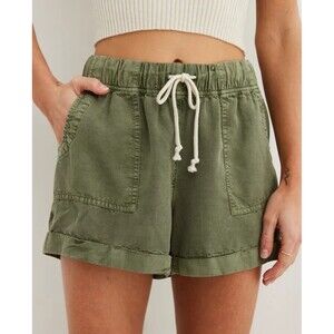 Aerie Size M Tie Waist Shorts Lyocell High Waist Olive Green Relaxed Utility